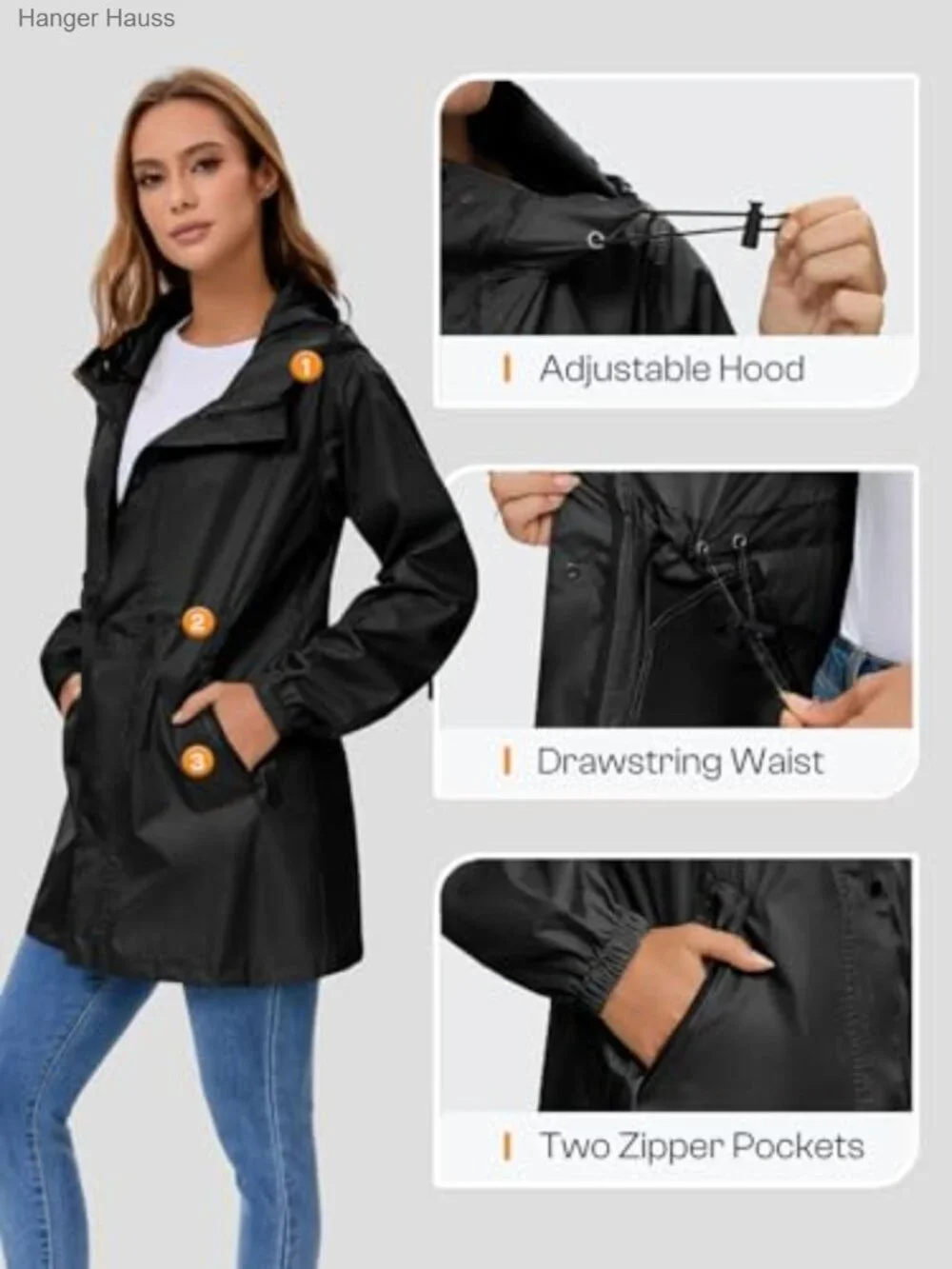 Lightweight Packable Long Rain Jacket Hooded Waterproof Trench Coat for Women